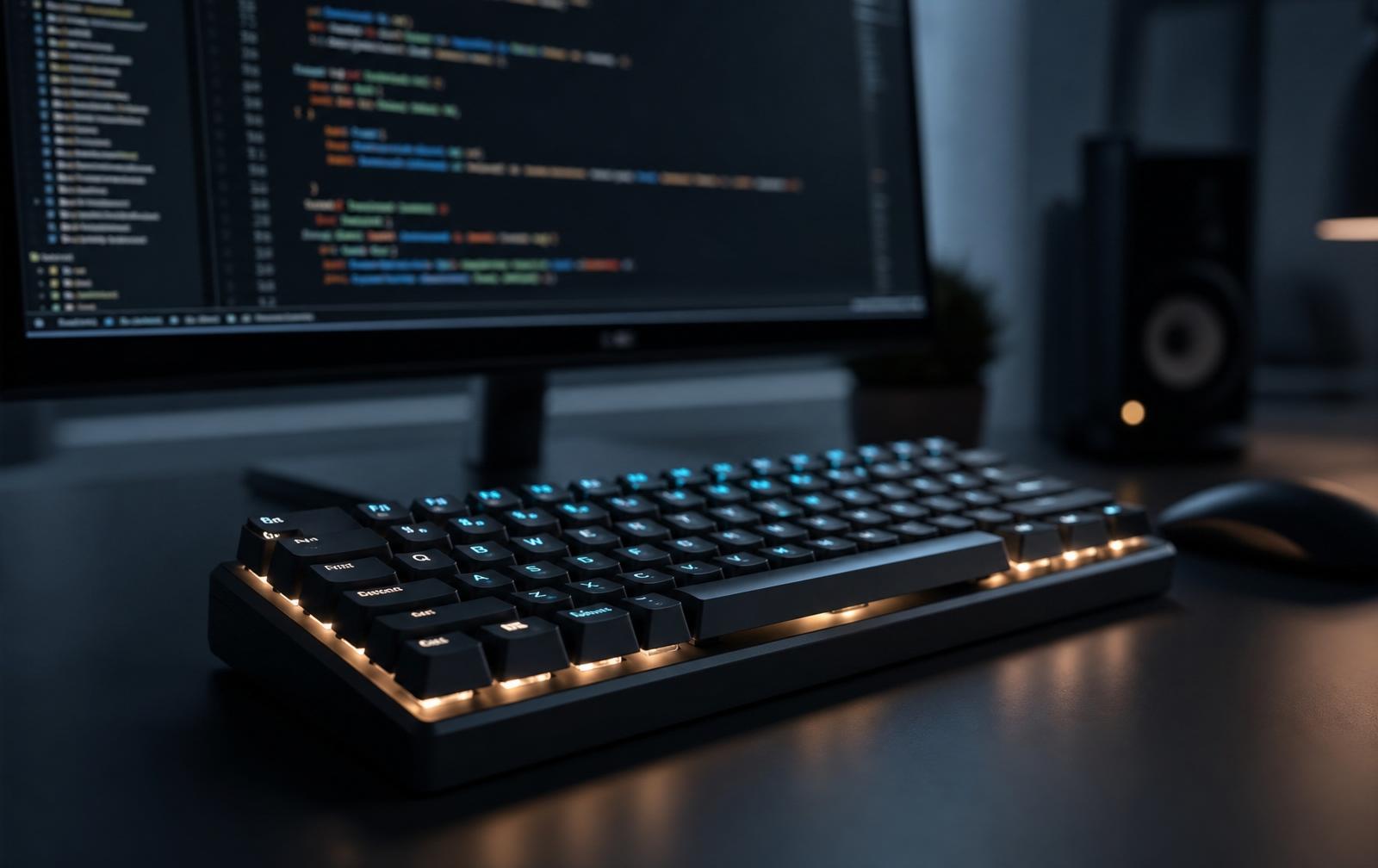 Clavier rétroéclairé dans un bureau moderne avec lignes de code en arrière-plan